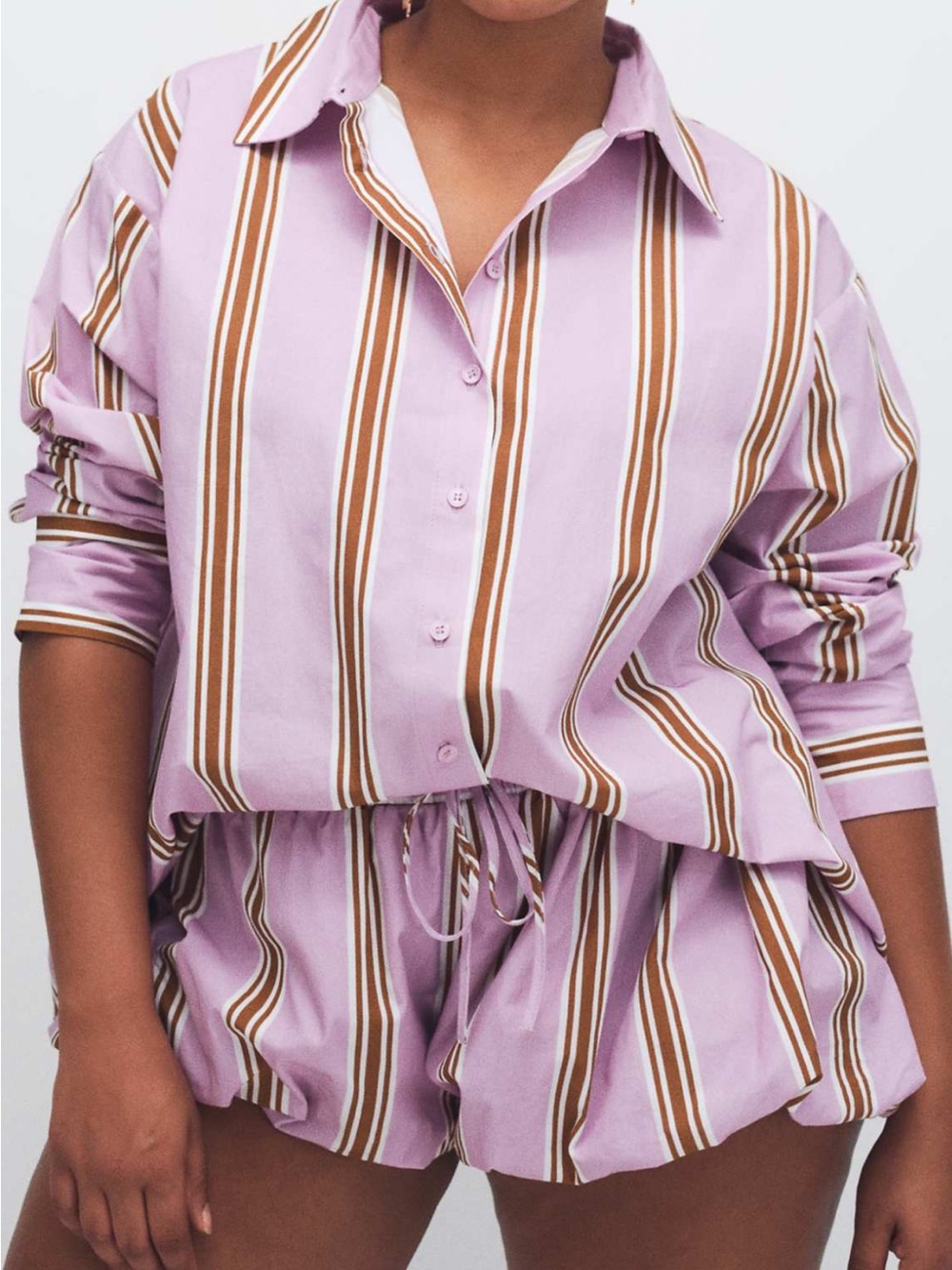 ASOS Curve Lavender and Brown Striped Button Shirt & Shorts Set